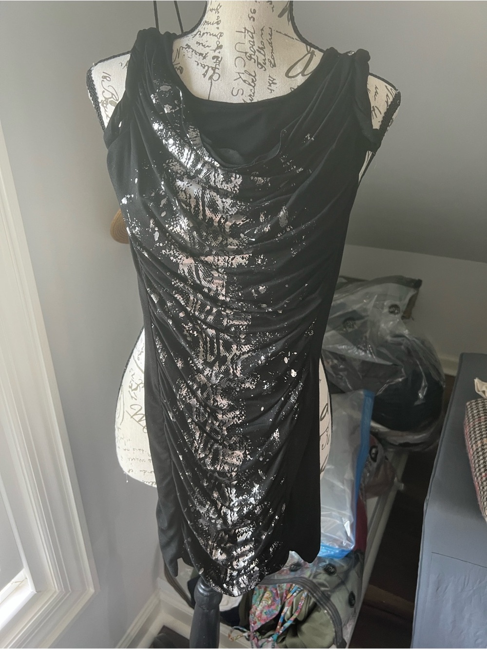 Guess Black Mini Dress with Silver Metallic Splatter